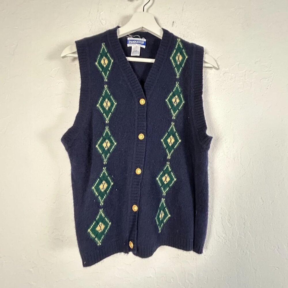 Vintage Pendleton Women’s Wool Sweater Vest Blue Argyle Button Front V-Neck